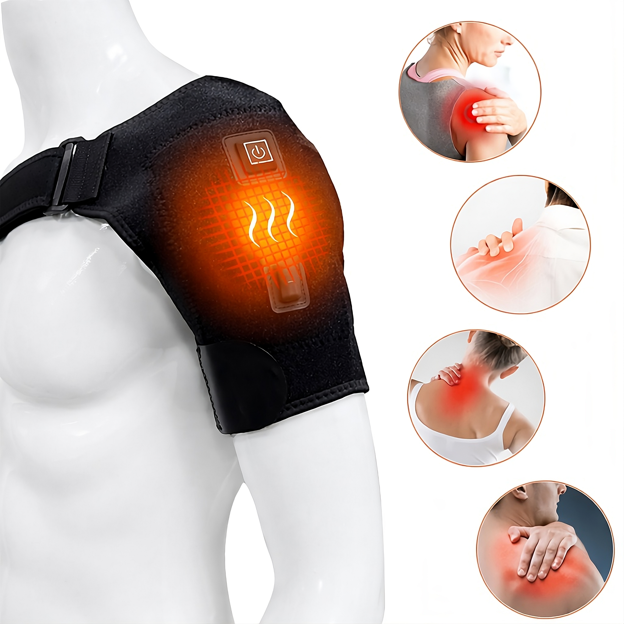 Heated shoulder brace with glowing heating element on a mannequin, surrounded by insets showing pain relief.