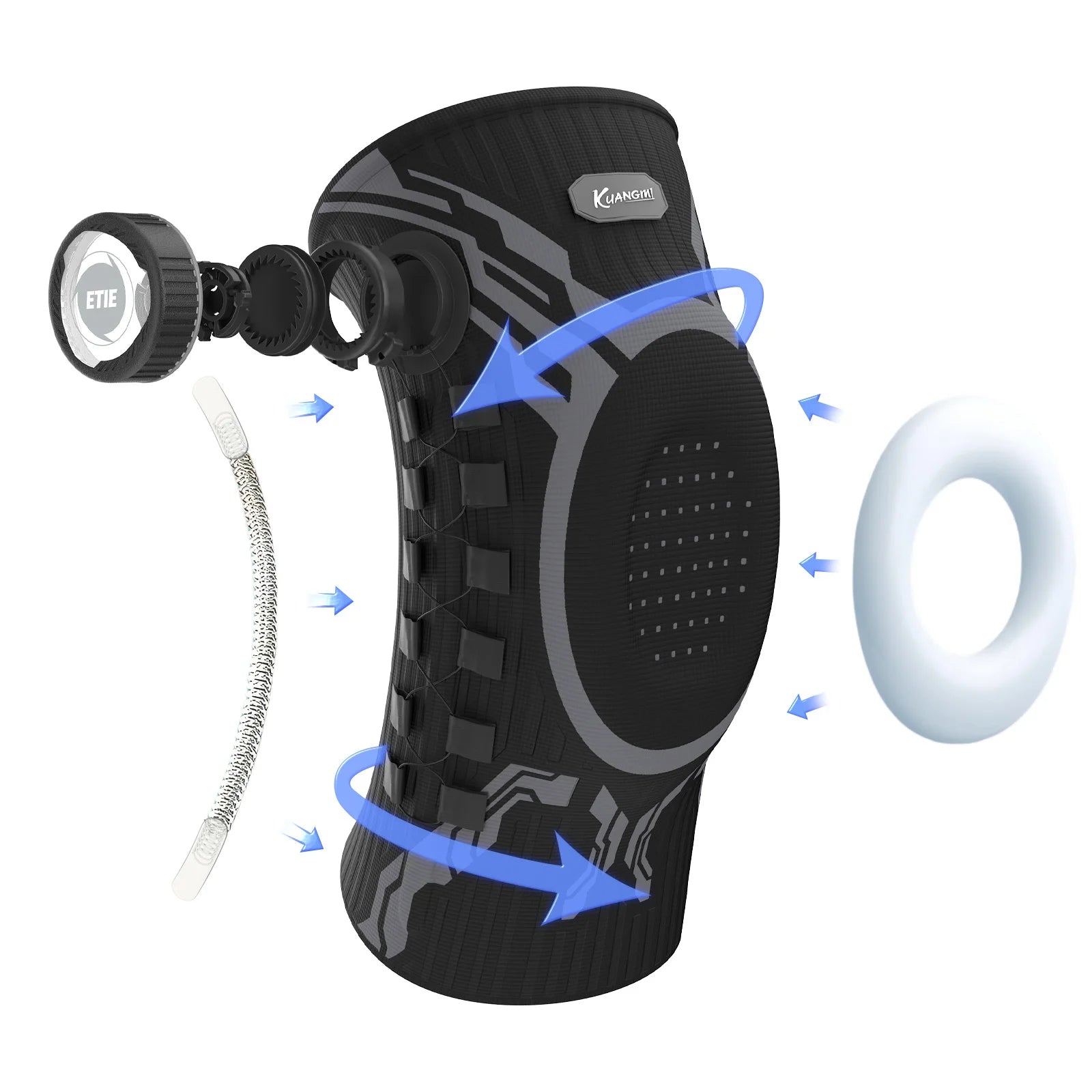 Black knee brace with labeled parts on a white background