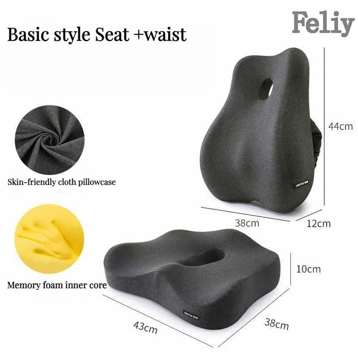 Black seat and waist cushion with measurements and details on a white background