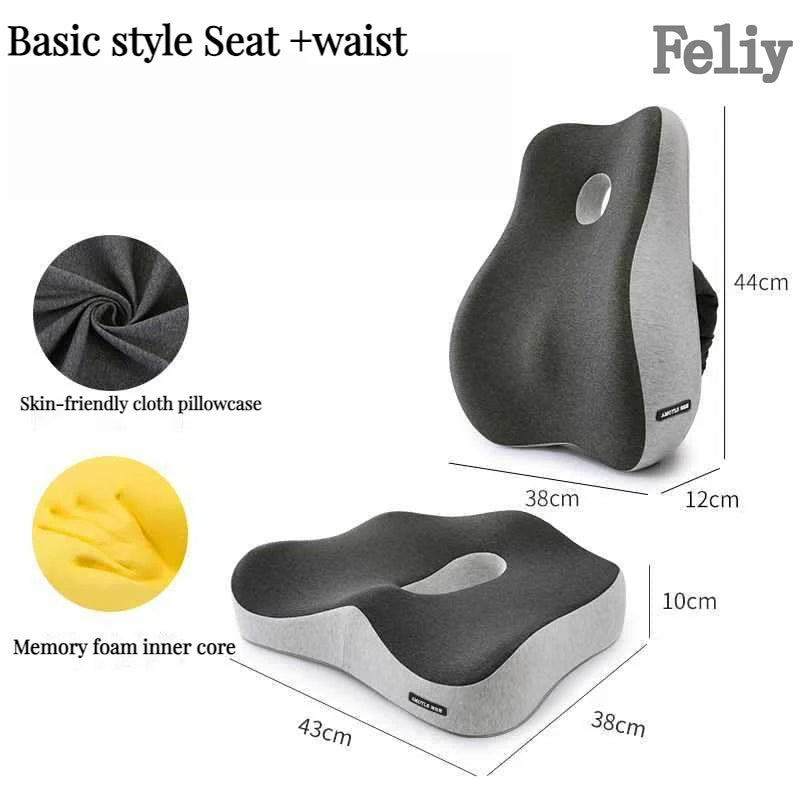Memory foam seat and waist cushion with dimensions and features highlighted