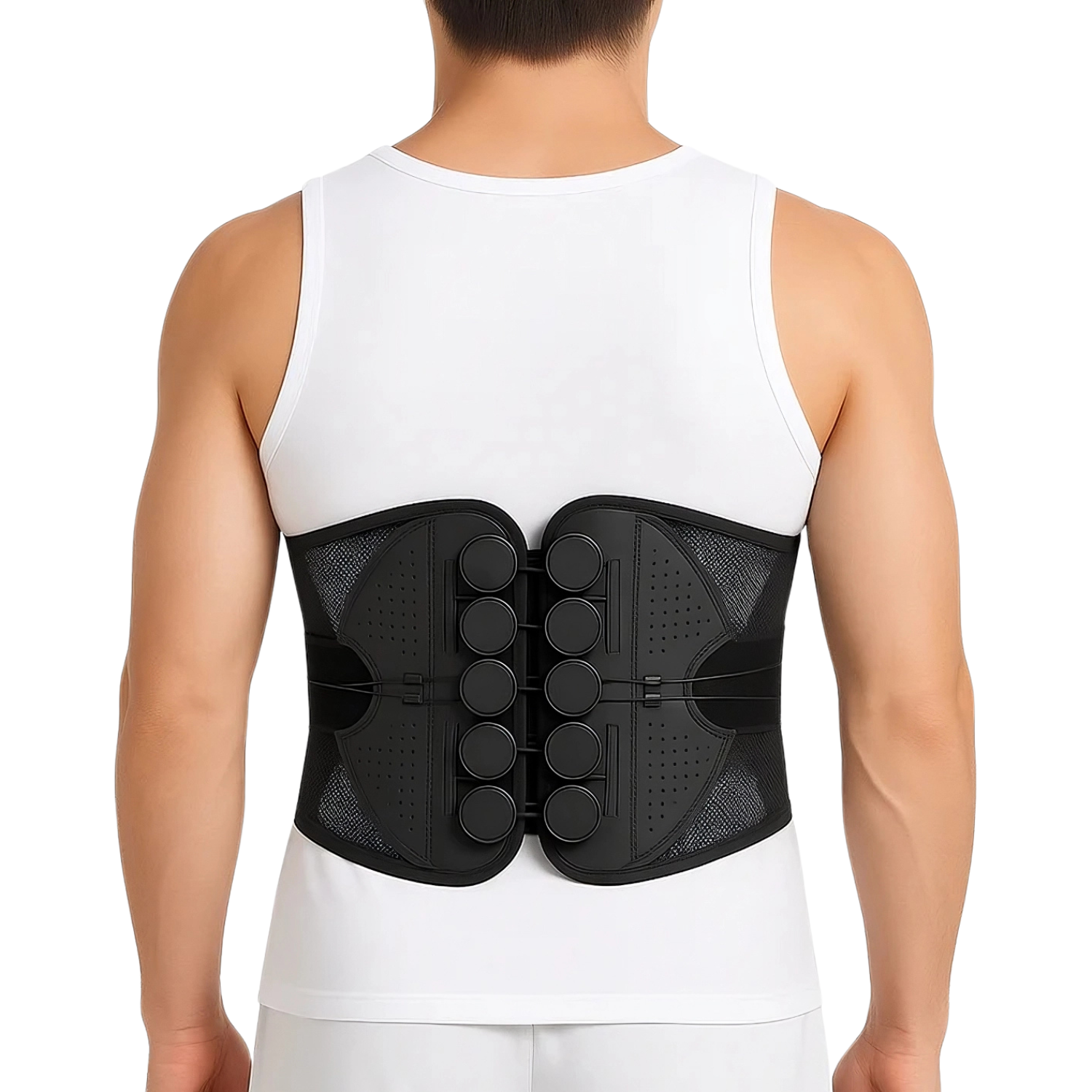 Person wearing a black back brace on a white background
