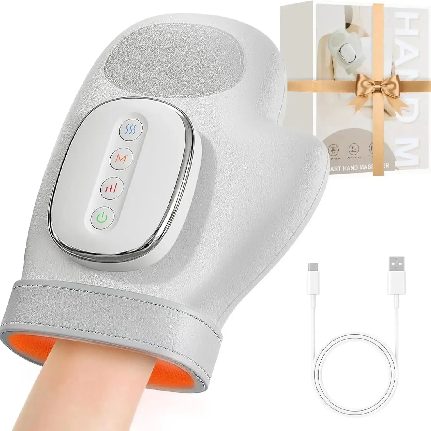 White massage glove with control panel, USB cable, and gift box on a white background