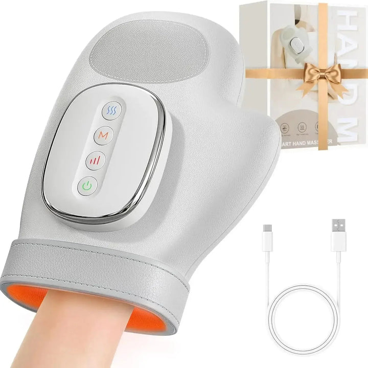 White massage glove with control panel, USB cable, and gift box on a white background