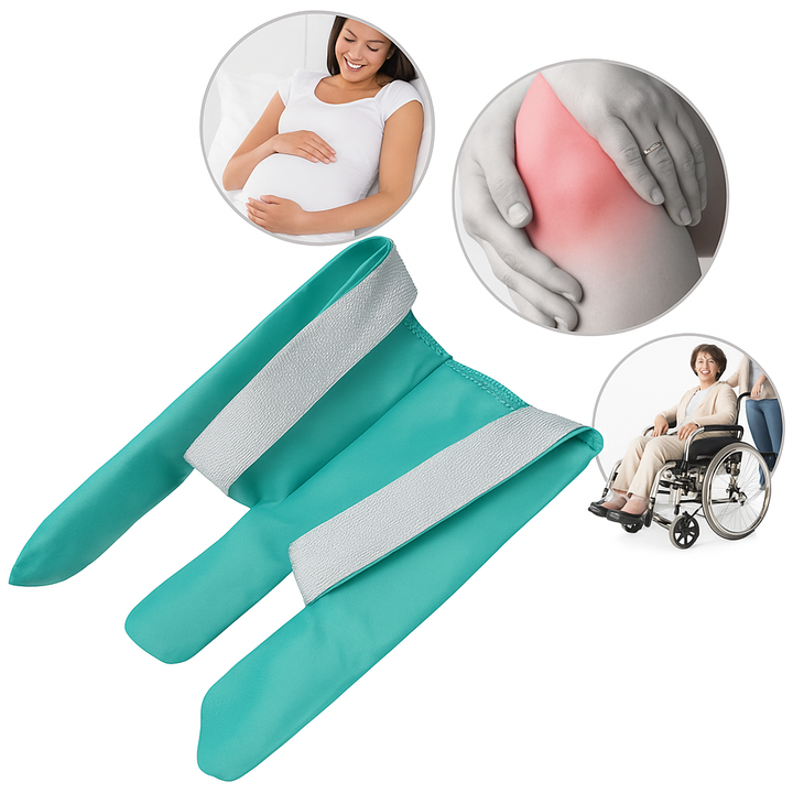 Turquoise and gray compression sleeve with insets showing a pregnant woman, a person with a painful knee, and a person in a wheelchair.
