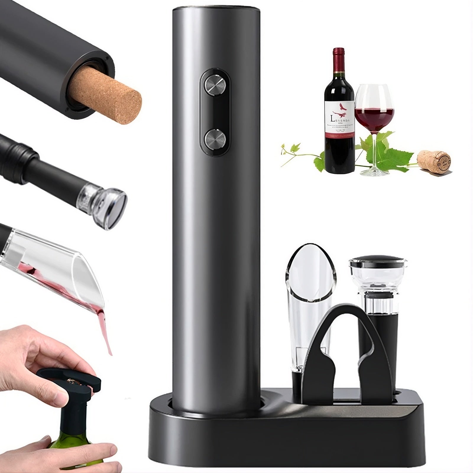 Black wine opener set with wine bottle, glass, and cork on a white background