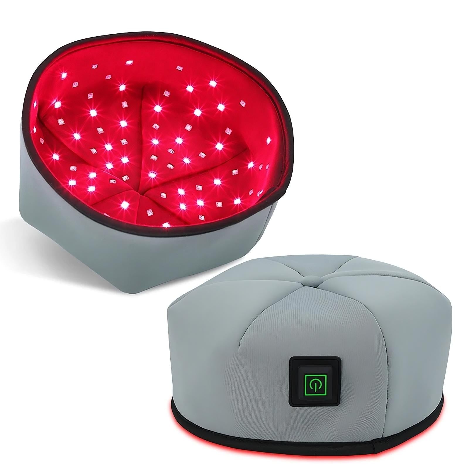 Gray and red LED therapy pillow on a white background