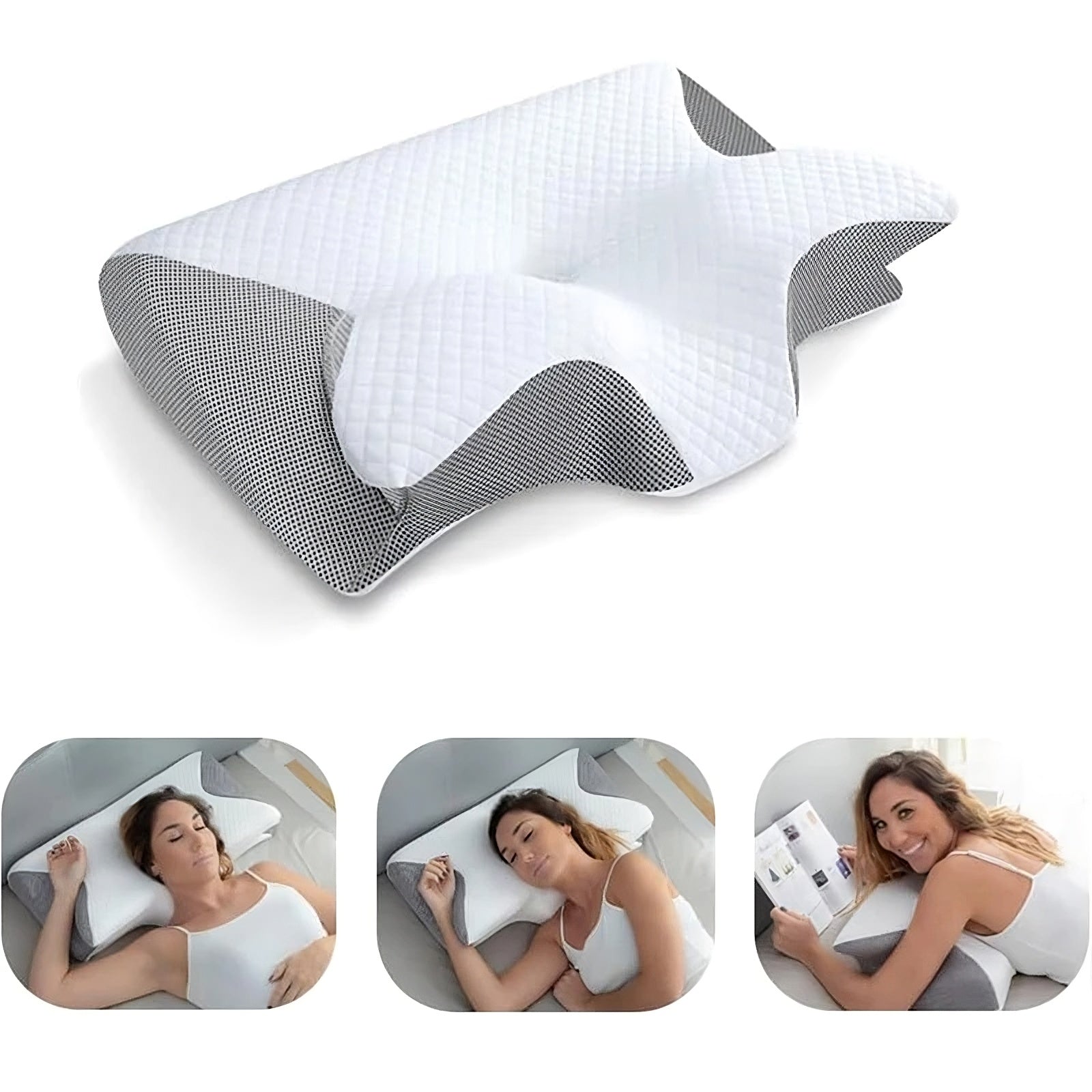 Cushion with a star design on a white background, surrounded by smaller images of people using the cushion.