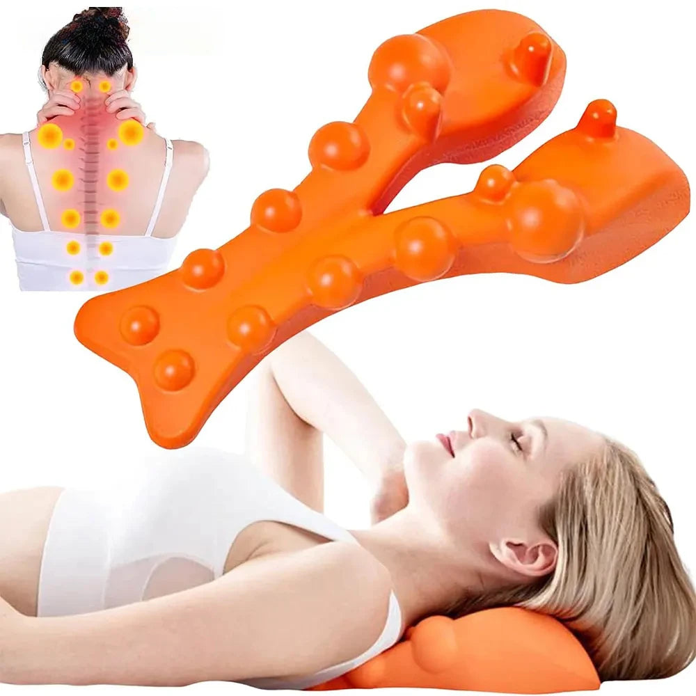 Orange back massager with a woman using it and a close-up of her back showing massage points.