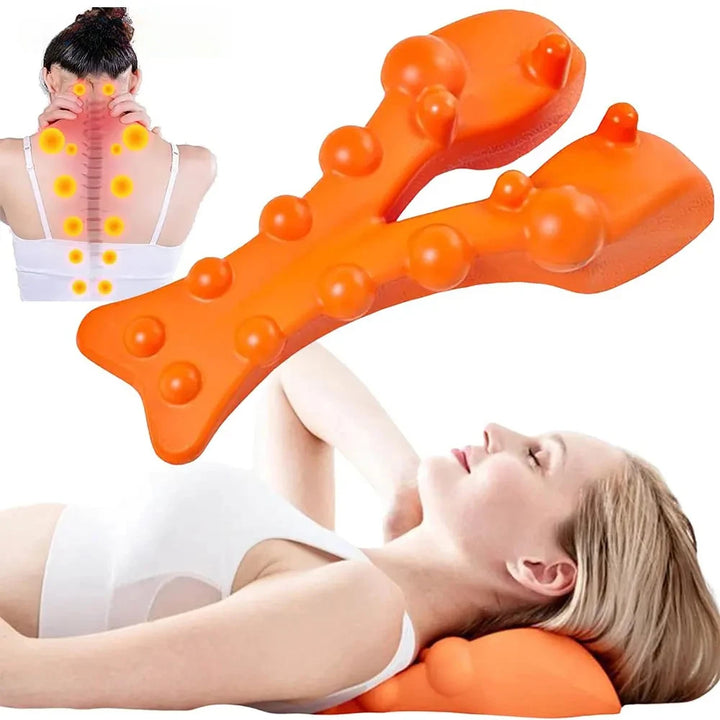 Orange back massager with a woman using it and a close-up of her back showing massage points.