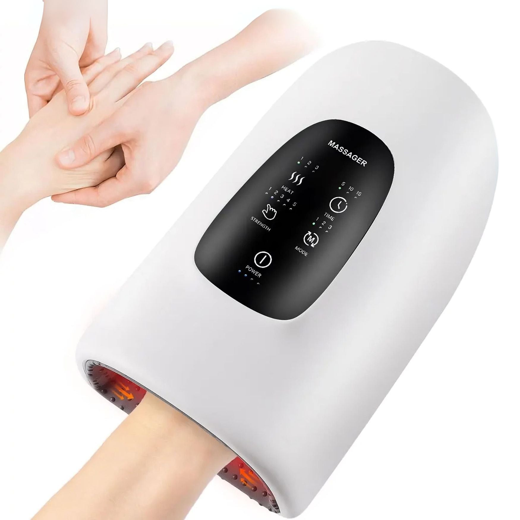 Handheld massager device with digital display on a white background