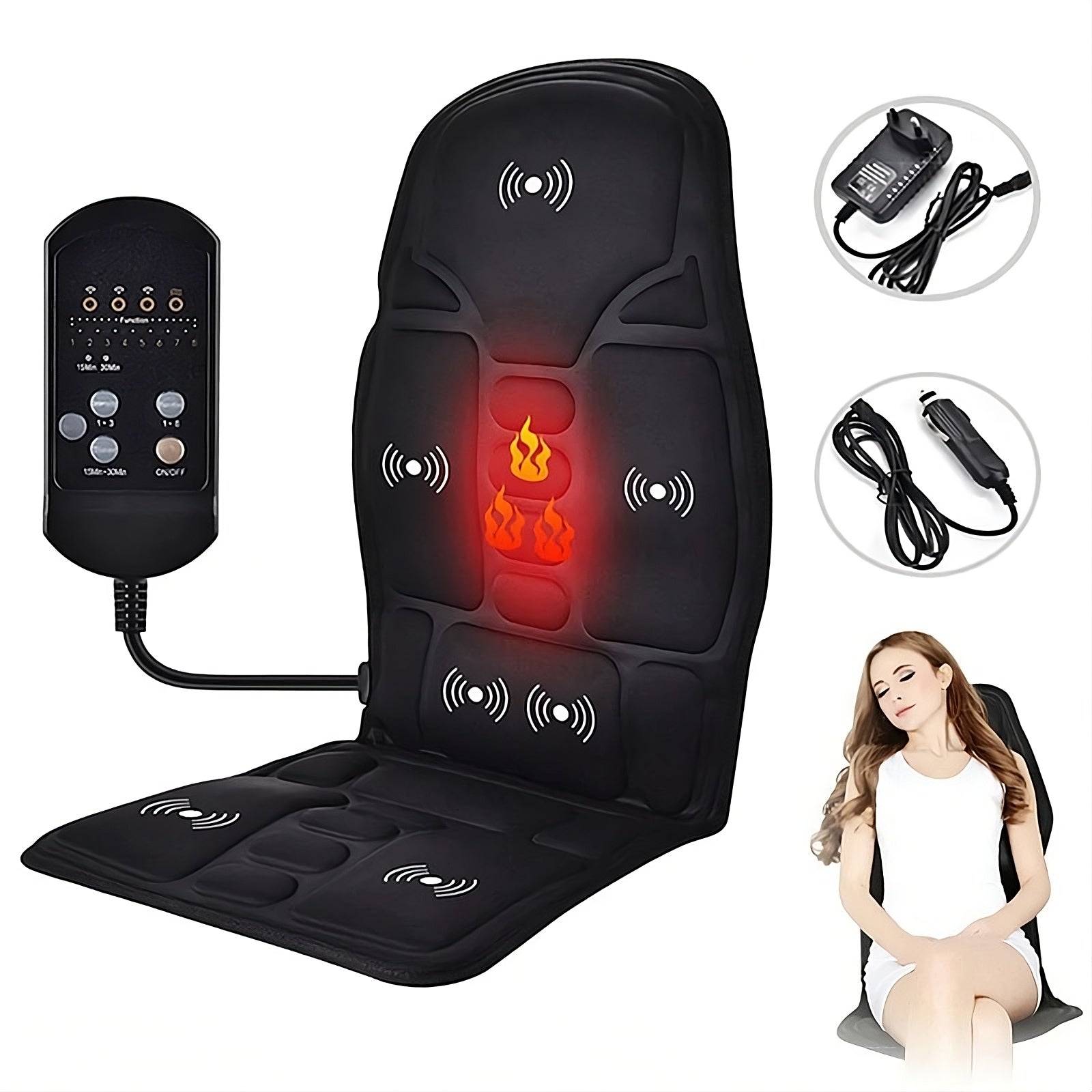 Black massage chair pad with heating element and remote control on a white background