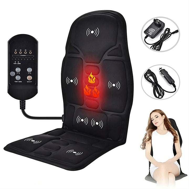 Black massage chair pad with heating element and remote control on a white background