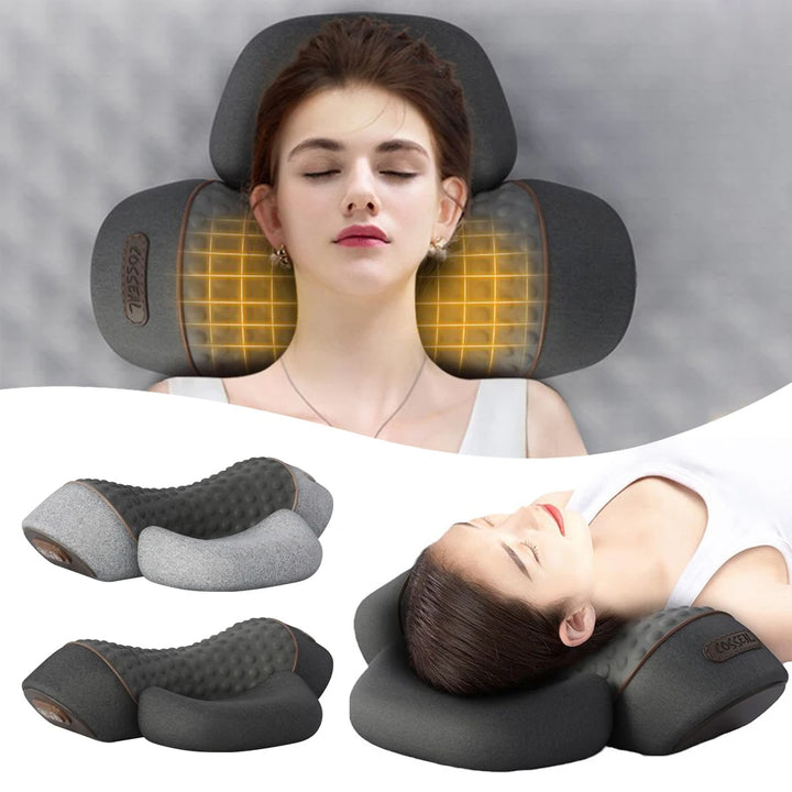 Woman using a neck massager with glowing elements, shown from different angles.