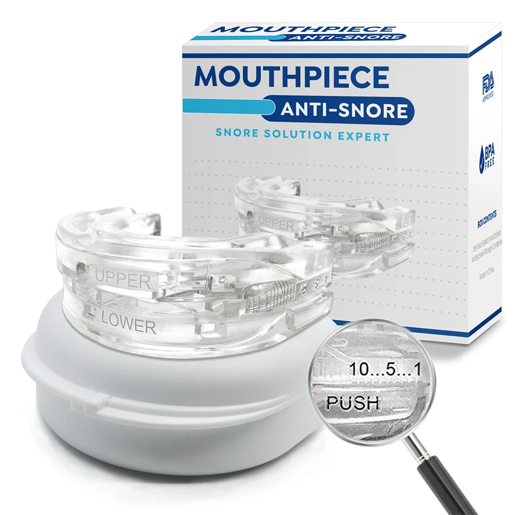 Clear anti-snore mouthpiece with packaging on a white background