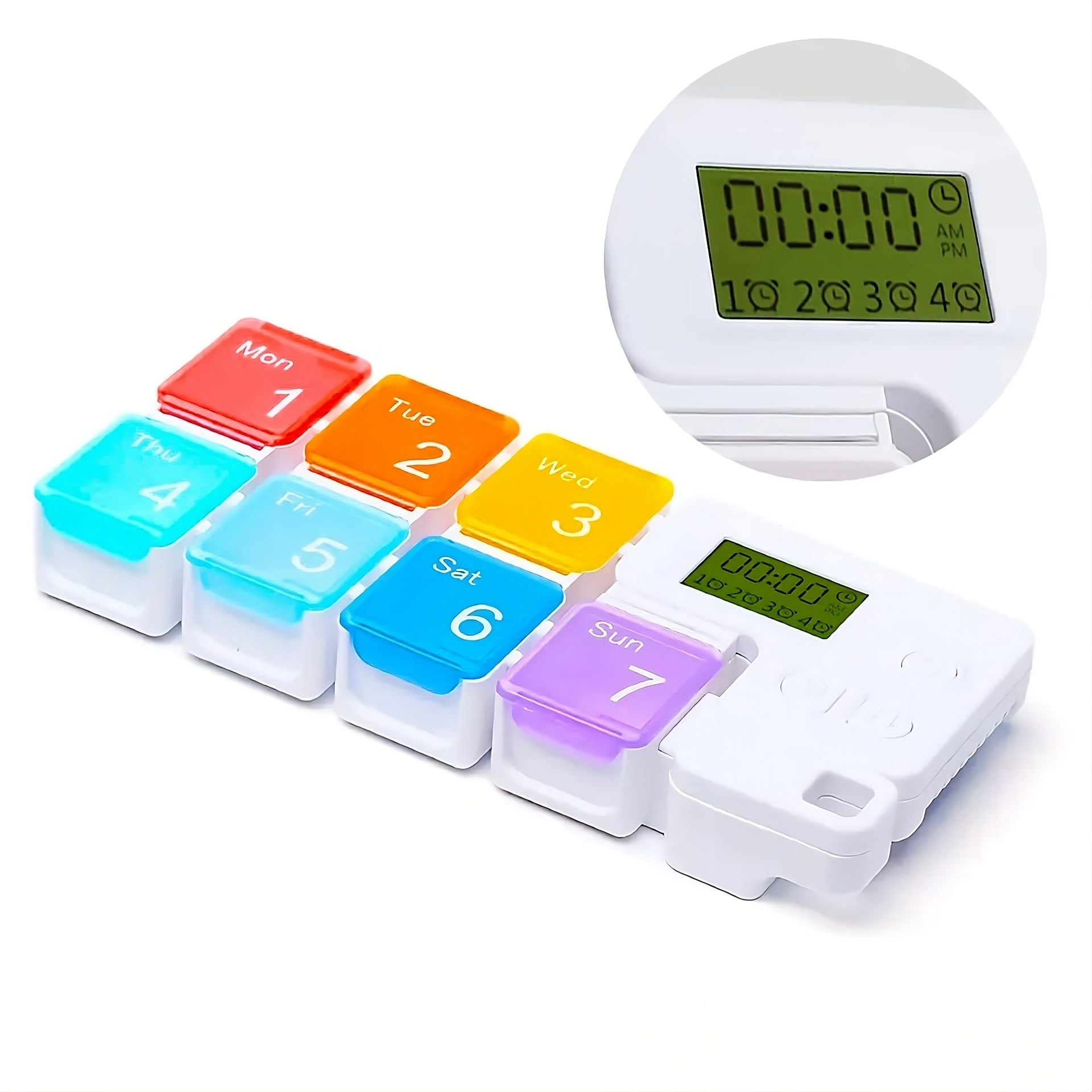Weekly pill organizer with colorful compartments and digital timer on a white background