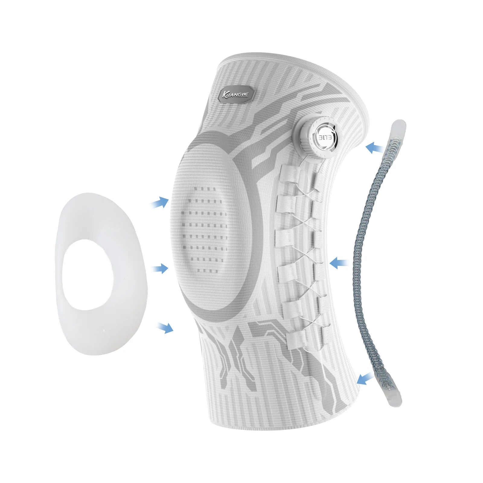 Knee brace with labeled parts on a white background