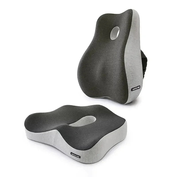 Two gray ergonomic seat cushions on a white background