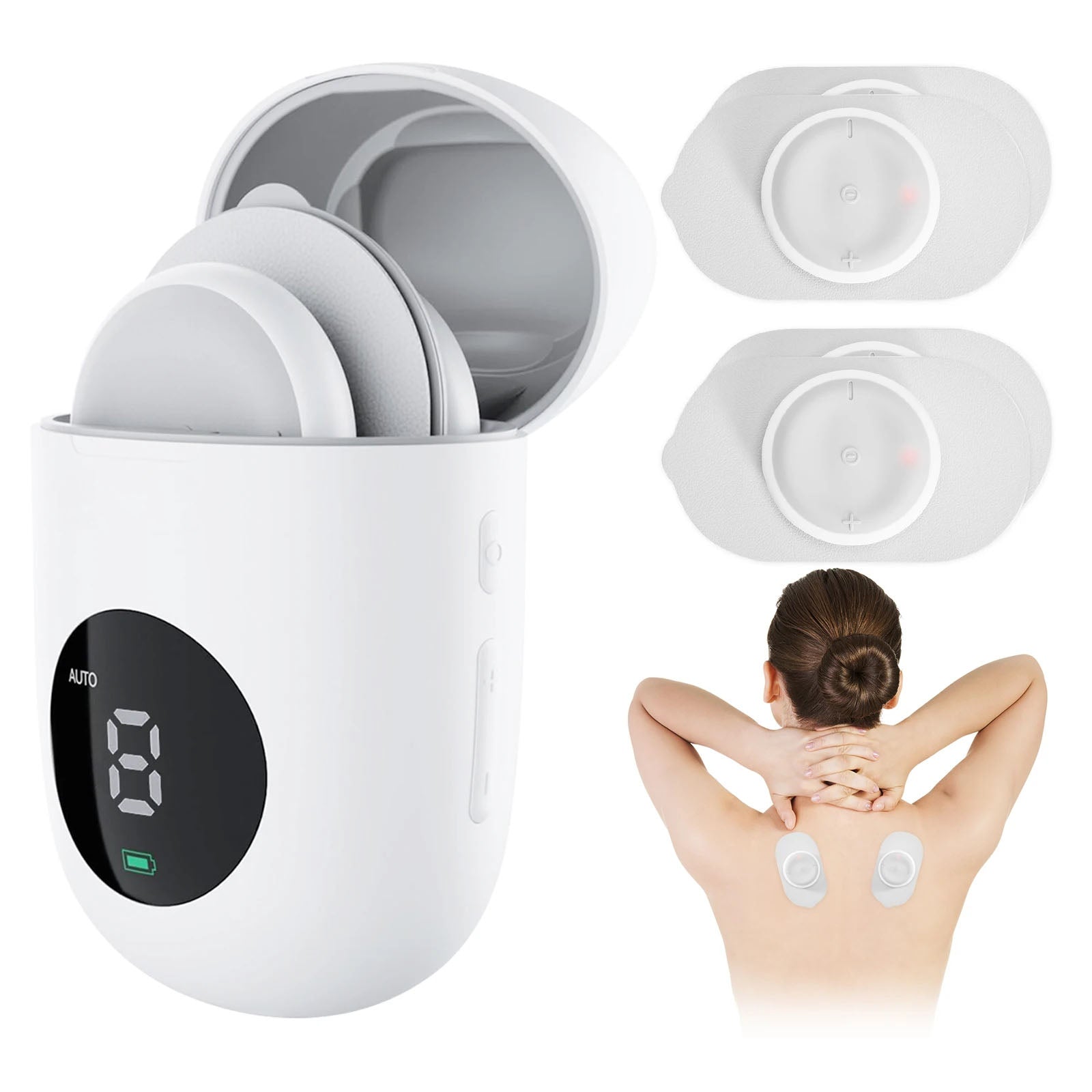 White electronic device with digital display and small round attachments, used for massage or similar purpose.