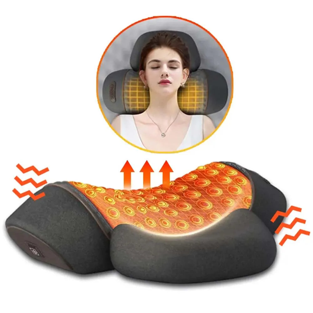 Massage pillow with heating feature and inset showing a person using it.