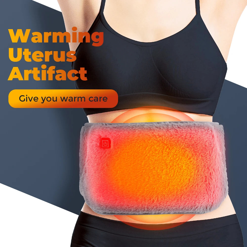 Warming uterus artifact being used on a person's abdomen with promotional text.