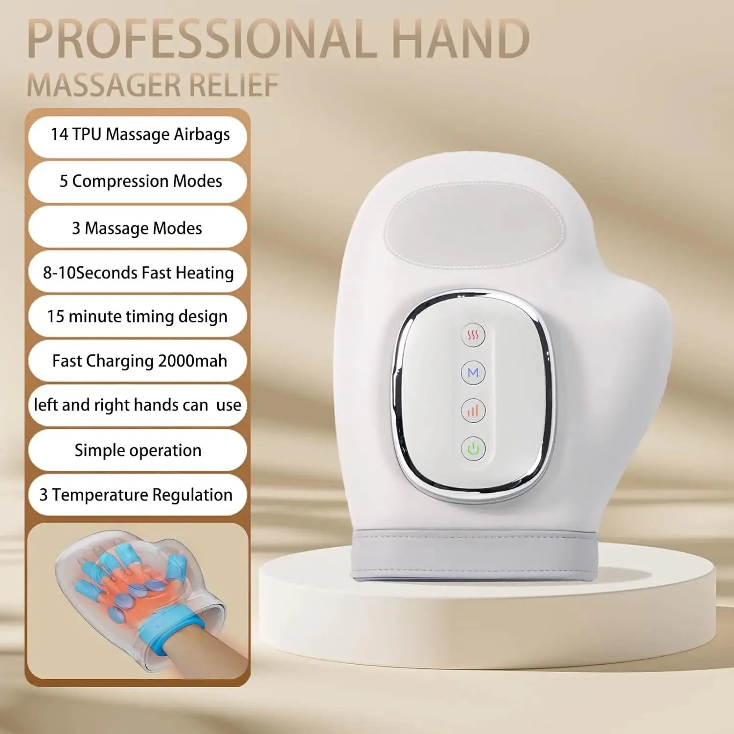 Hand massager with features listed on a beige background