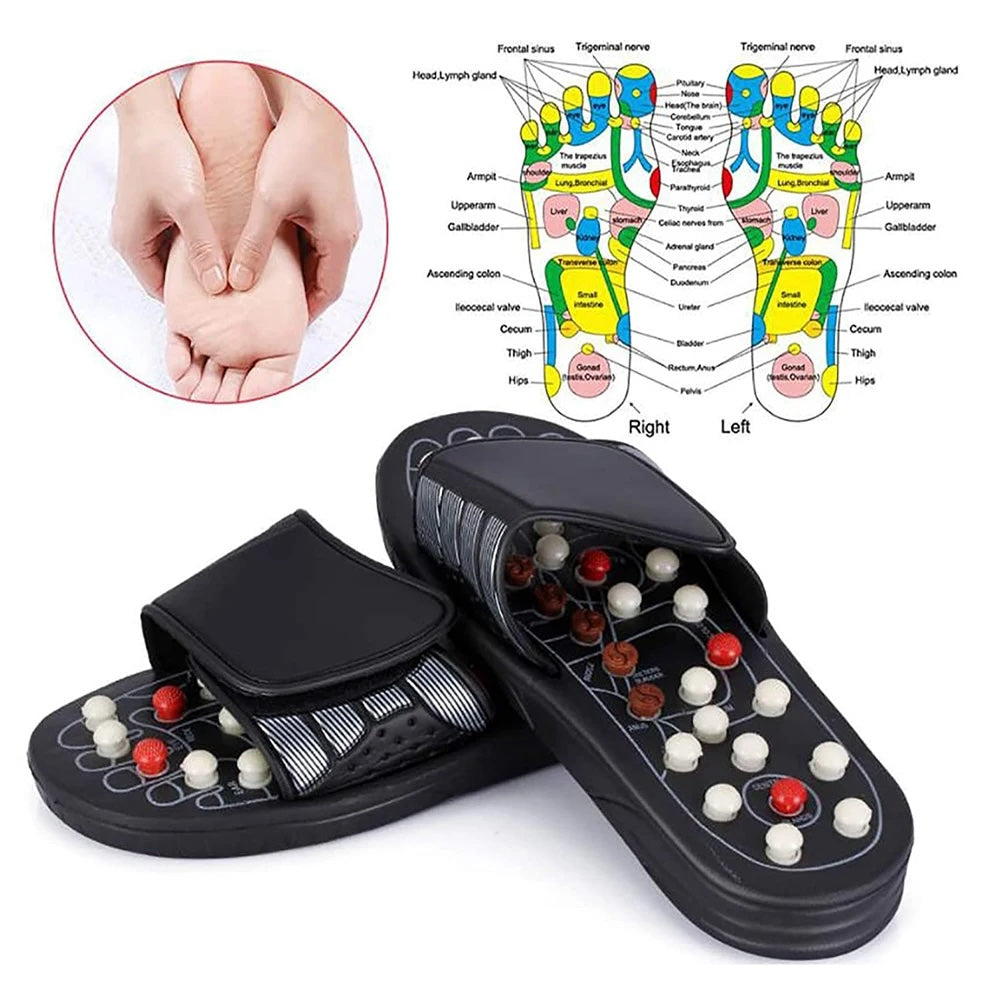 Pair of black massage sandals with acupressure nodes and a diagram of foot reflexology on a white background.