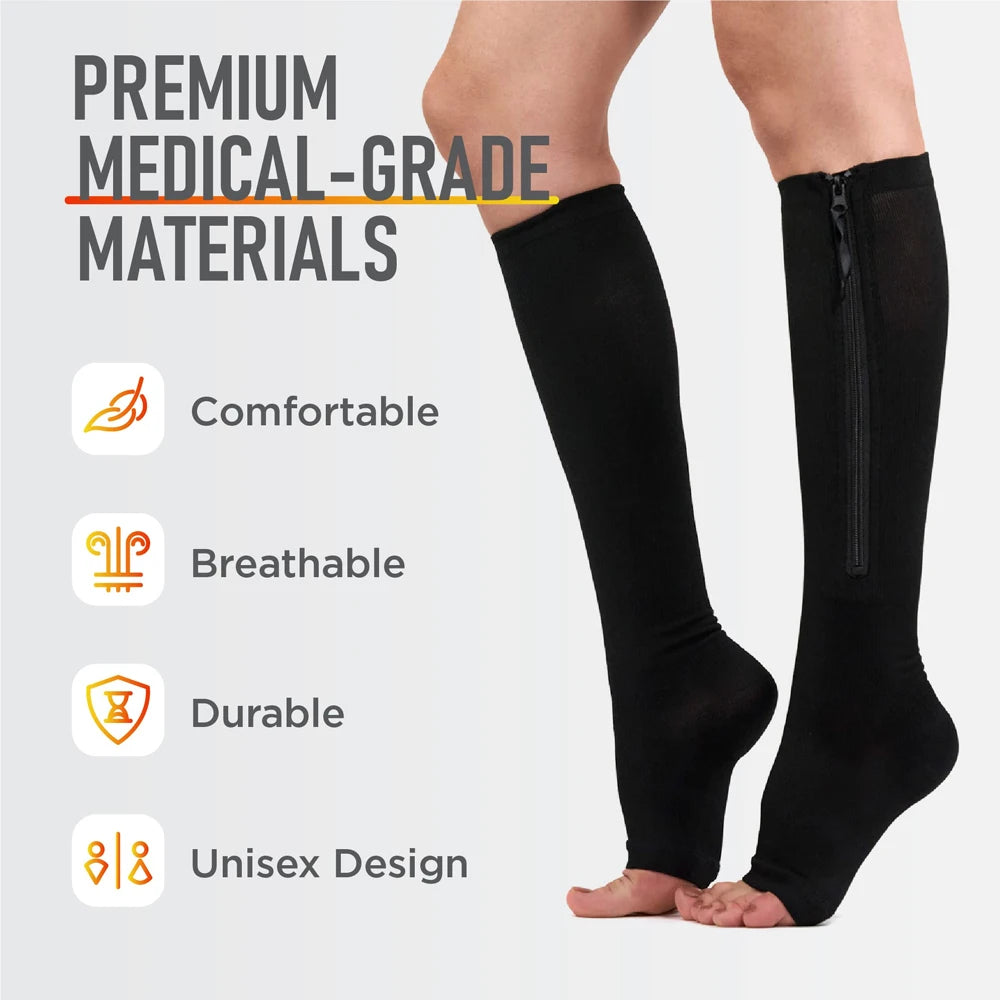 Black compression socks with text highlighting premium medical-grade materials on a light gray background