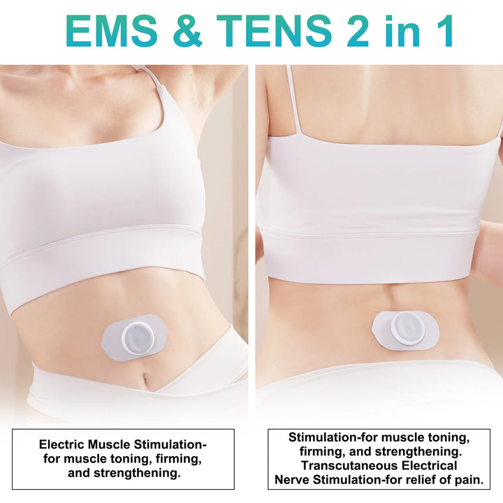 Two images showing a person wearing an EMS & TENS device on their abdomen with text describing its functions.