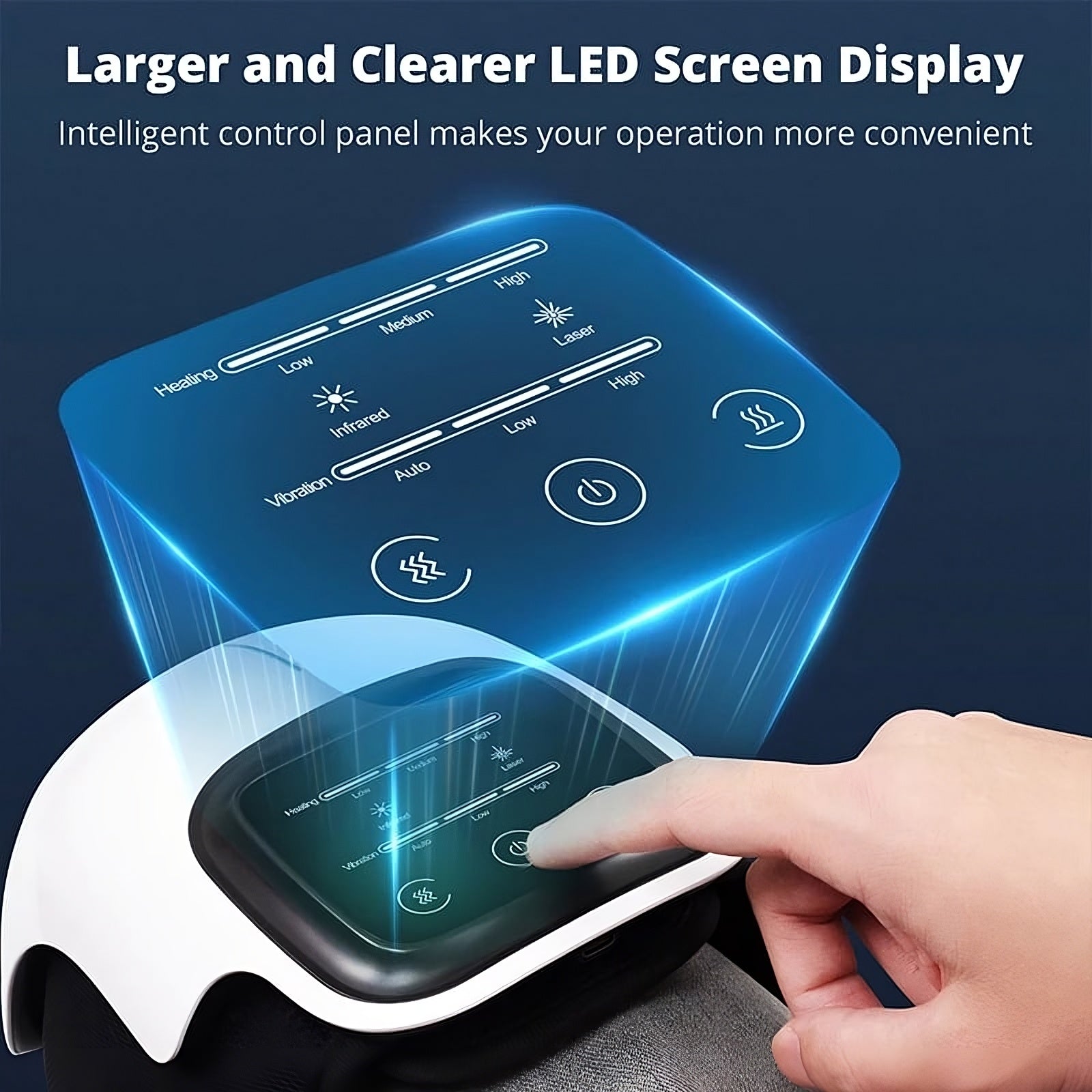 Digital control panel with LED screen display and hand interacting with it on a dark background.