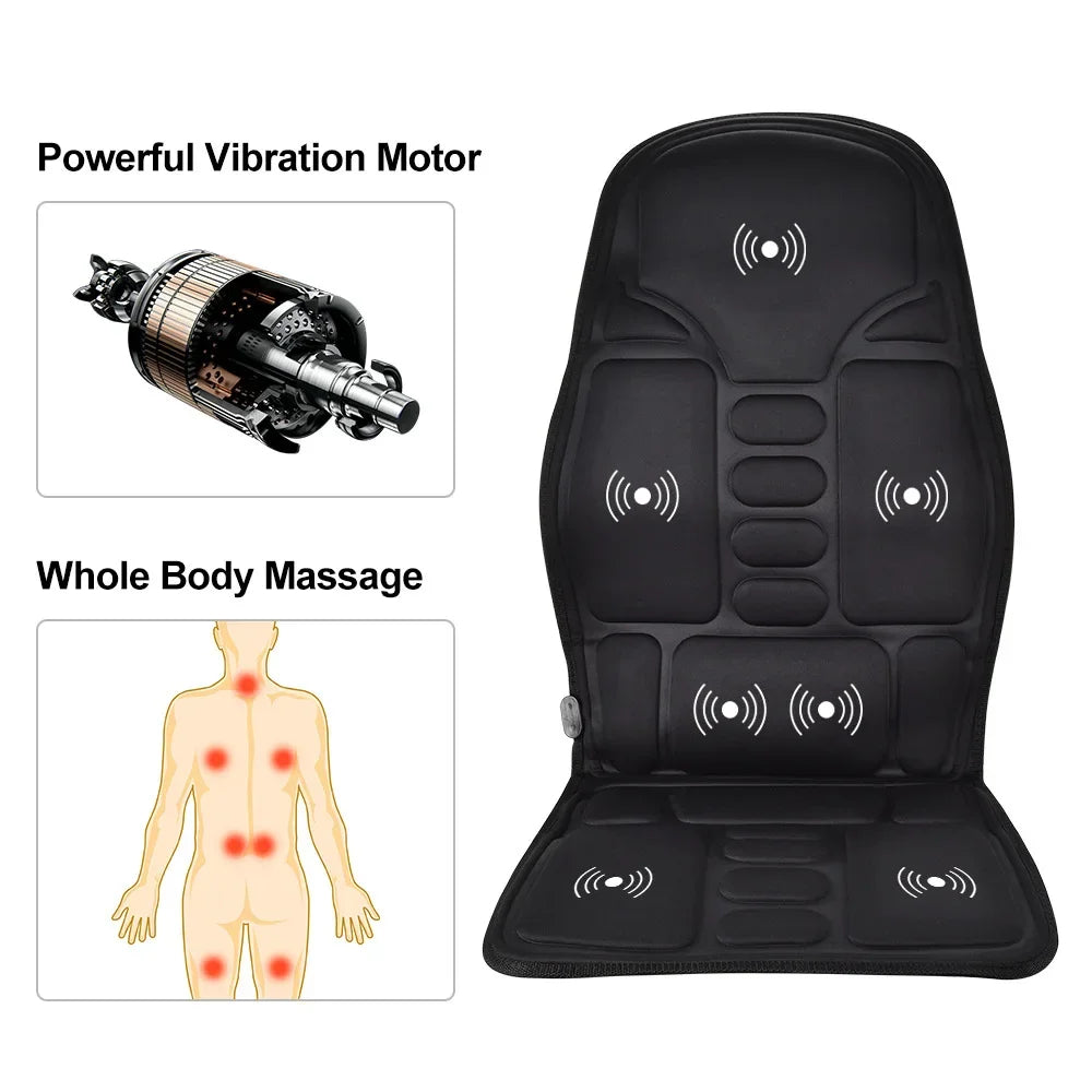 Black massage chair pad with vibration motor and whole body massage illustration on a white background