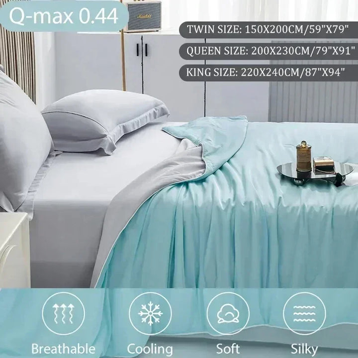 Bed with light blue bedding and pillows, featuring size information and product features.