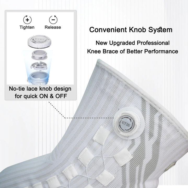Gray knee brace with a knob system on a white background
