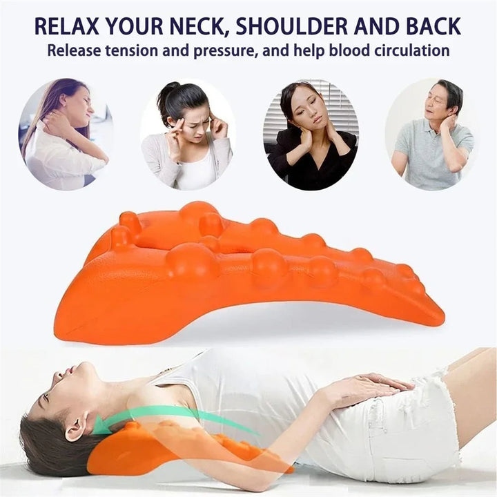 Orange neck and shoulder massager with people using it and text about its benefits.