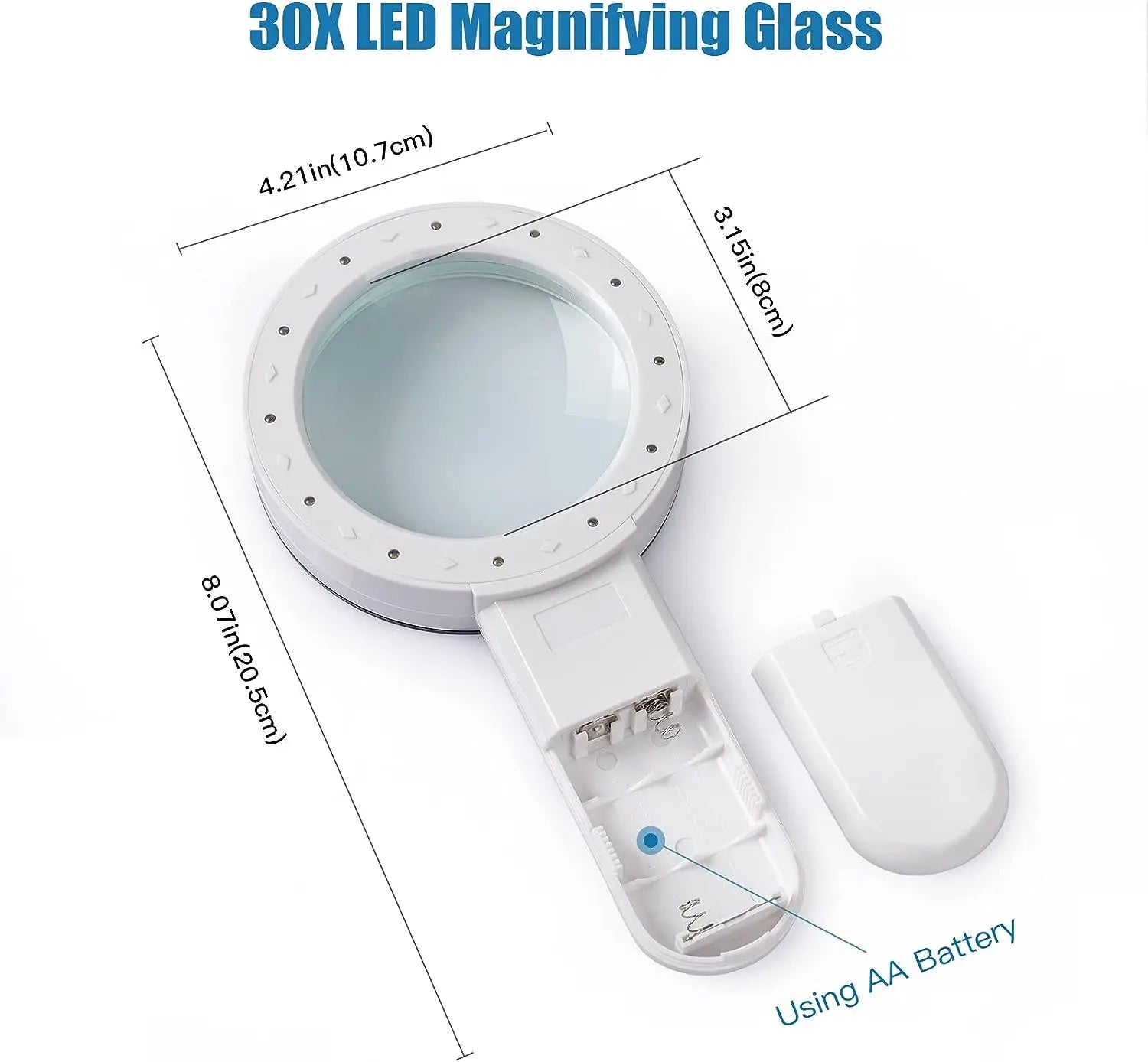 30X LED Magnifying Glass with dimensions and battery information on a white background