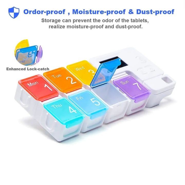Multicolored pill organizer with days of the week labels on a white background