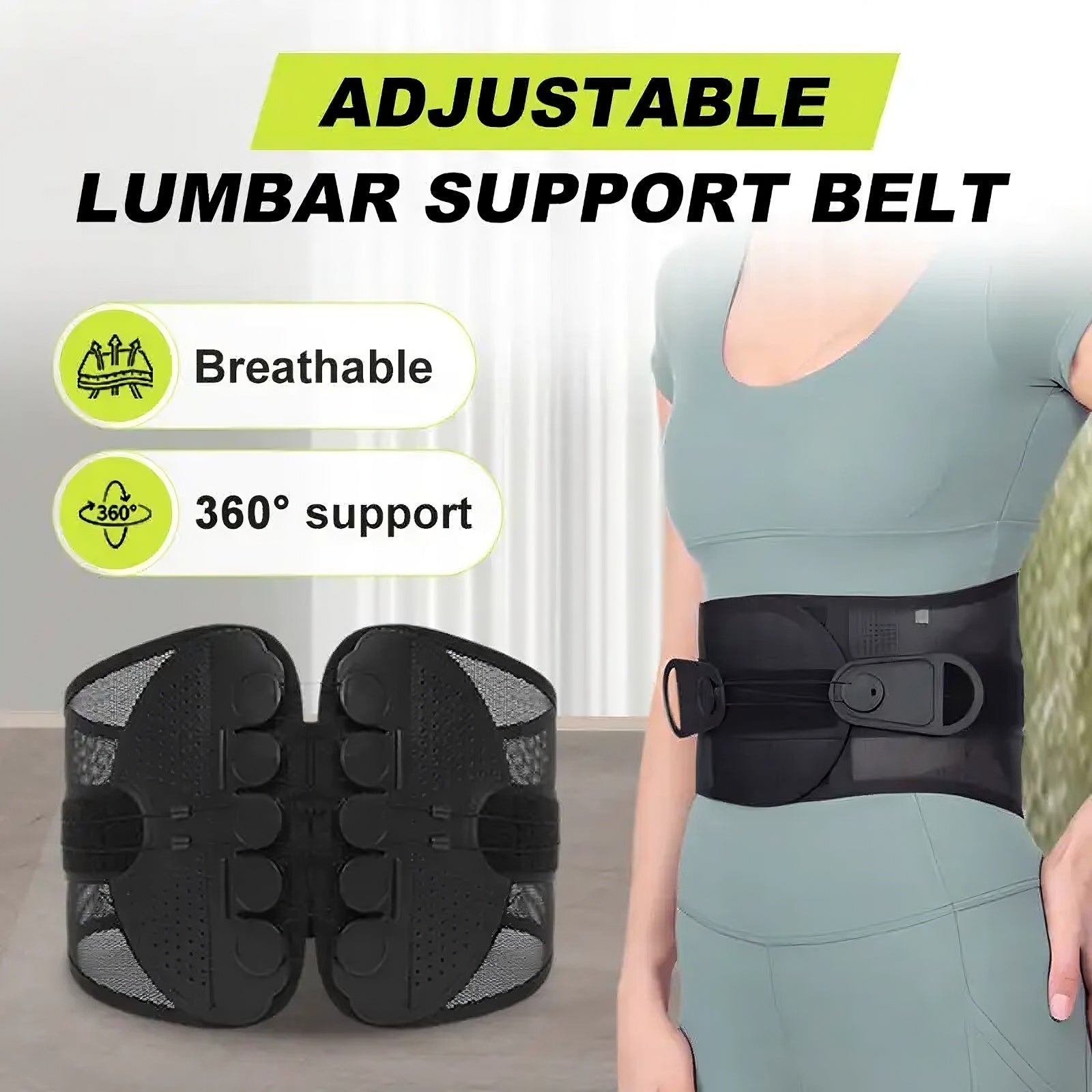 Adjustable lumbar support belt with breathable and 360-degree support features, shown on a person wearing it.