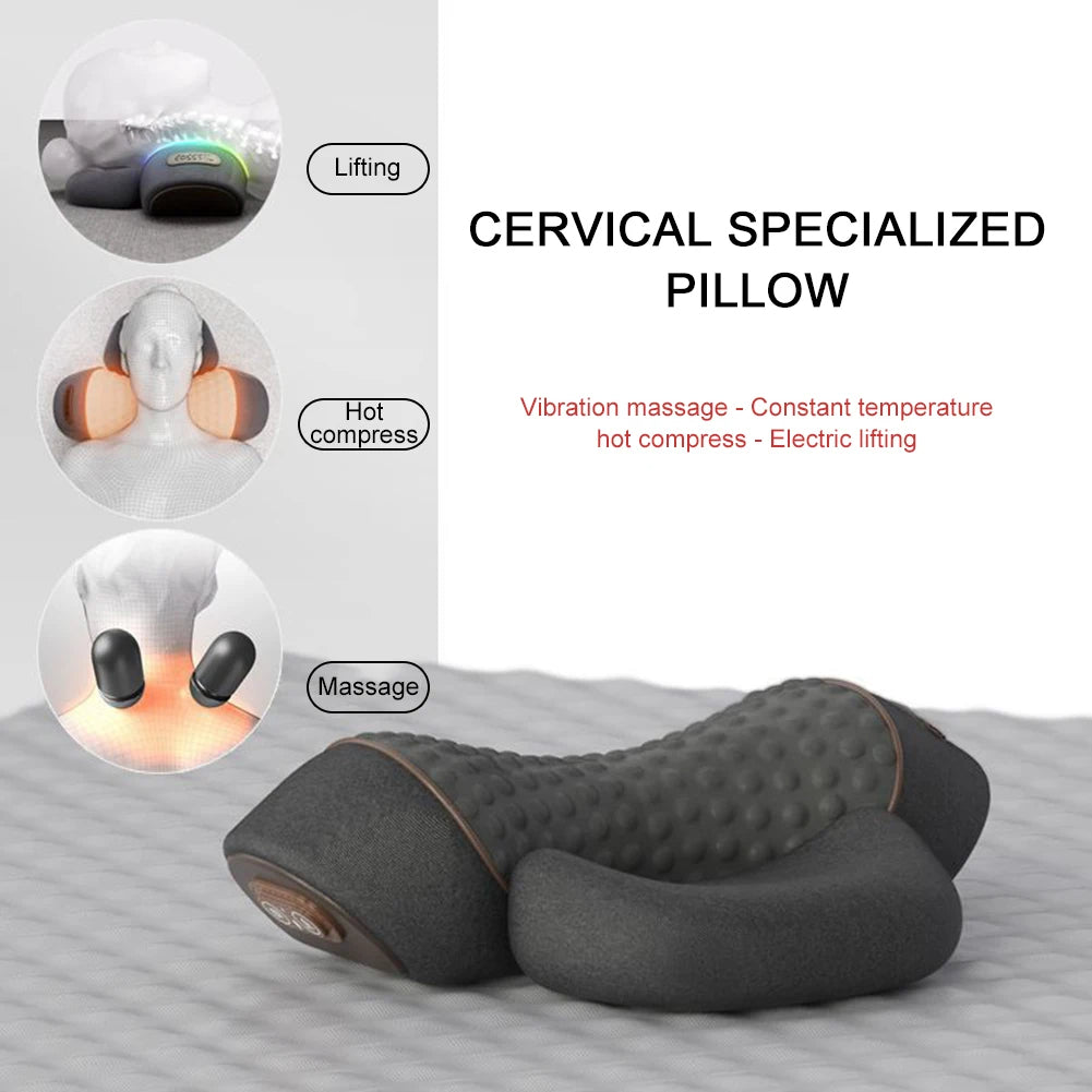 Cervical specialized pillow with massage, hot compress, and electric lifting functions on a bed.