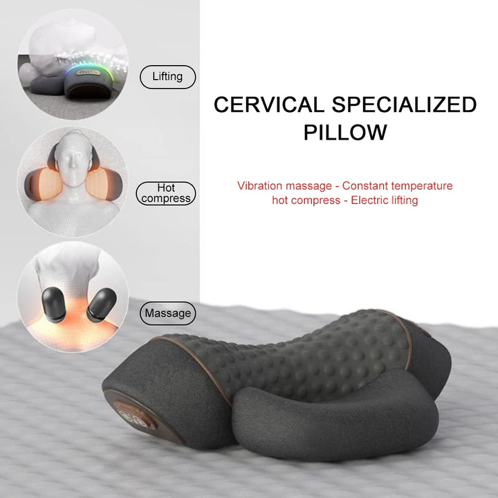 Cervical specialized pillow with massage, hot compress, and electric lifting functions on a bed.