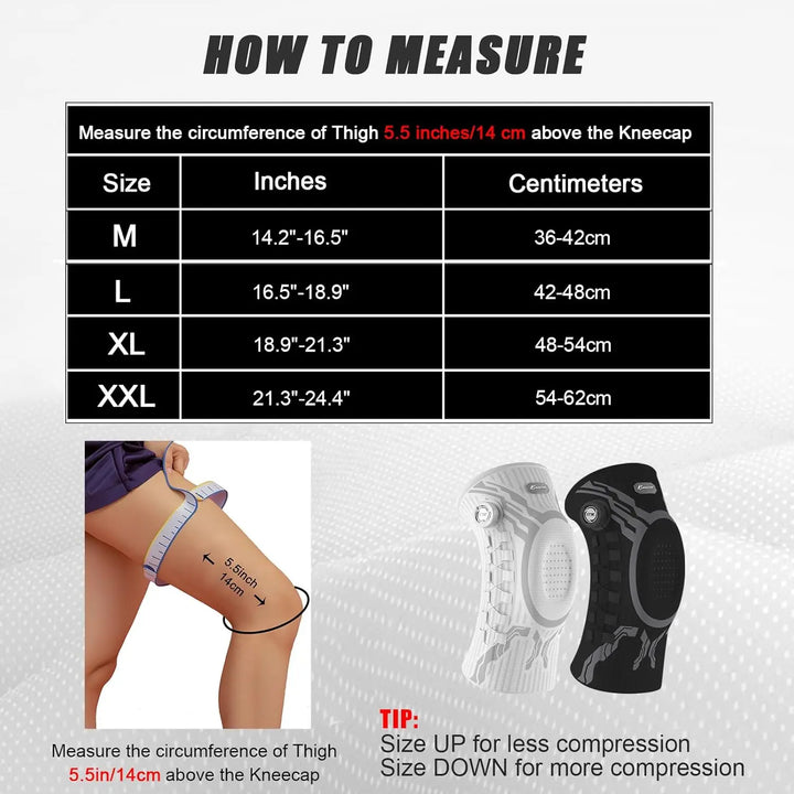 Measurement chart for knee sleeves with size guide and examples on a light gray background
