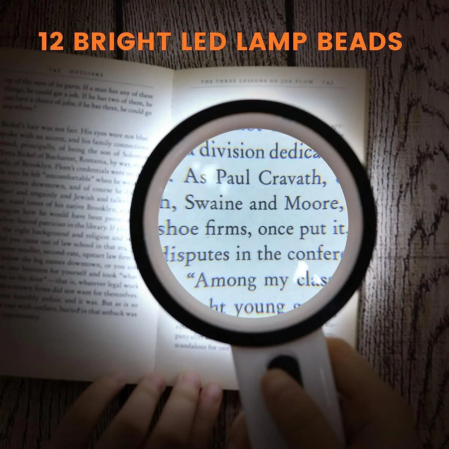 Magnifying glass held over a book with text, highlighting '12 Bright LED Lamp Beads' at the top.