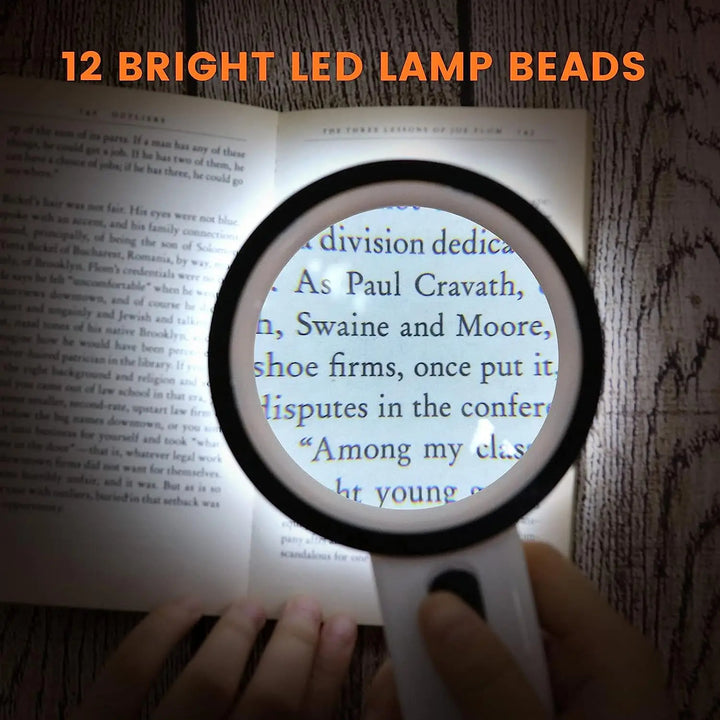 Magnifying glass held over a book with text, highlighting '12 Bright LED Lamp Beads' at the top.