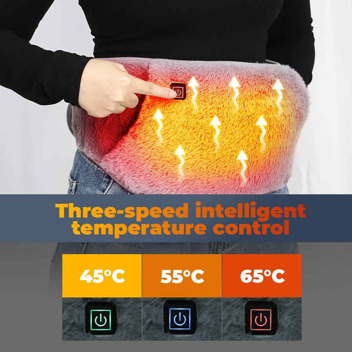 Heated pad with temperature control display and person pointing at it