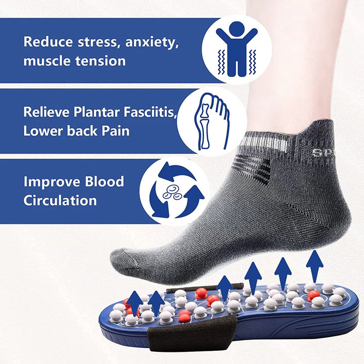 Gray ankle sock with massage stones on a white background, featuring text about health benefits.