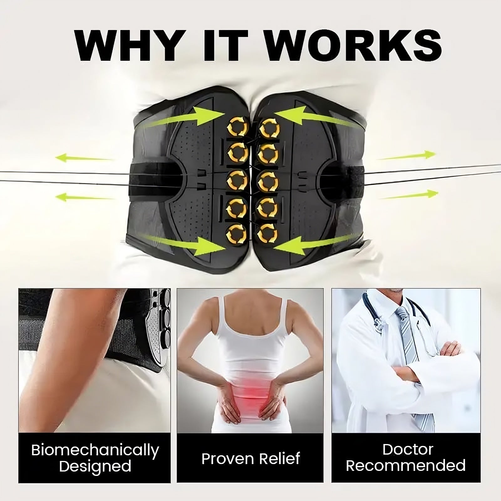 Back brace with biomedical design, proven relief, and doctor recommendation on a white background.