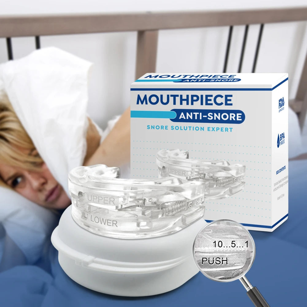 Mouthpiece anti-snore device with packaging on a bed