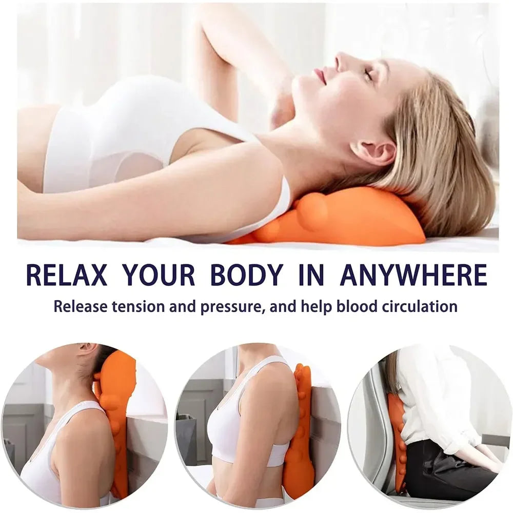 Woman using an orange neck and shoulder pillow with text about relaxation and benefits.