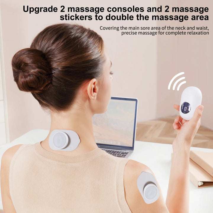 Woman using a neck and shoulder massager with text about massage consoles and stickers.