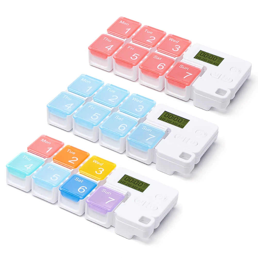 Two pill organizers with colorful compartments on a white background