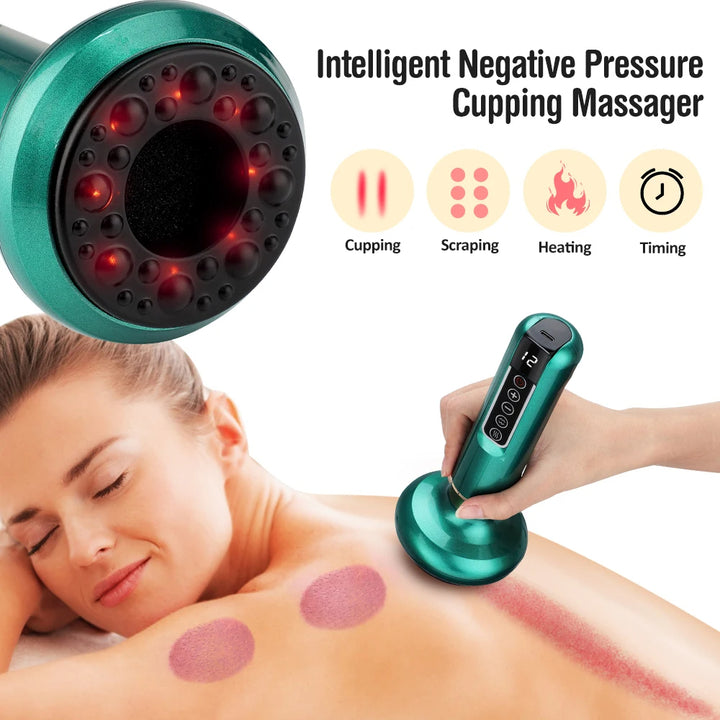 Intelligent Negative Pressure Cupping Massager being used on a person with features highlighted.