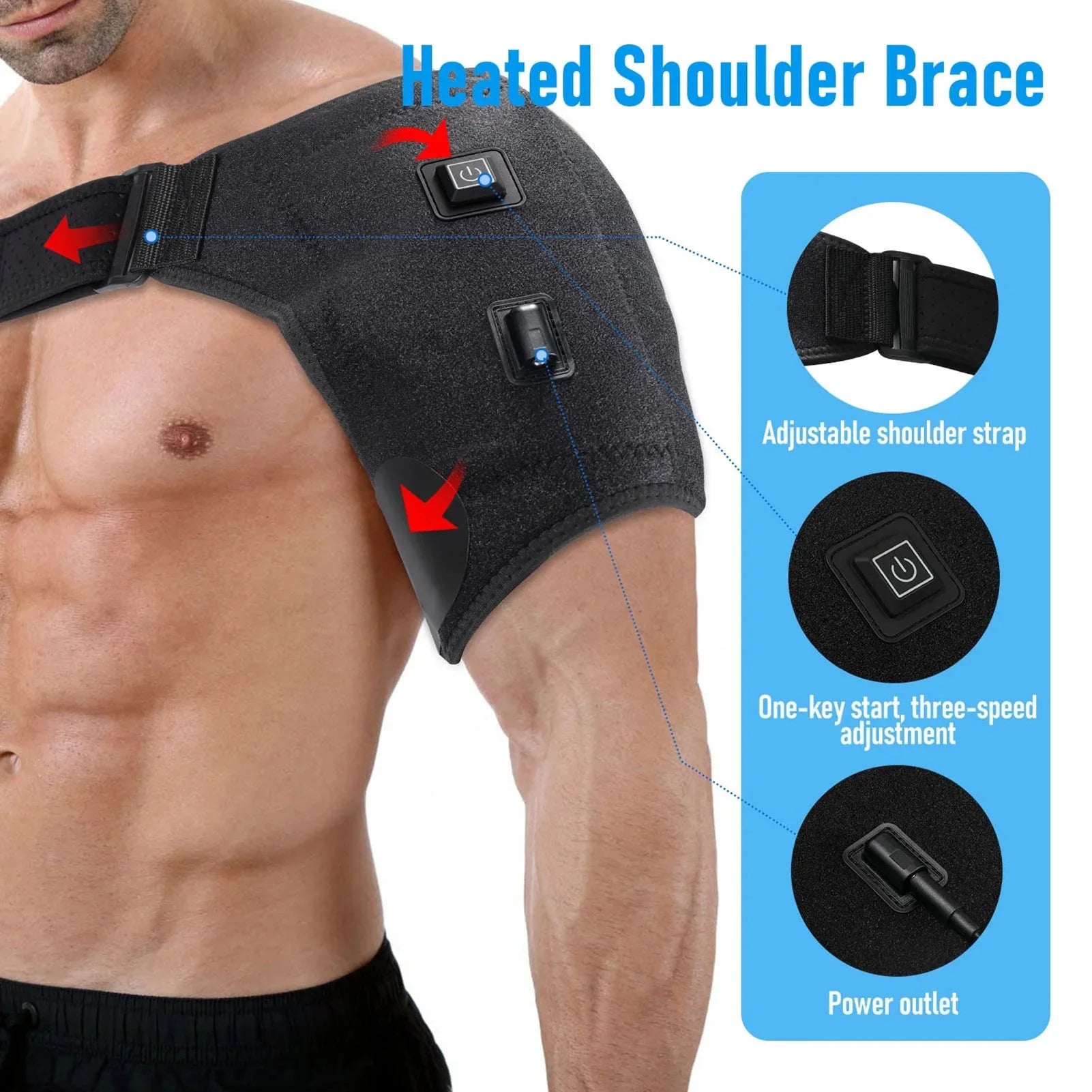 Heated shoulder brace with adjustable strap and power outlet on a person's shoulder, with feature highlights on the right.